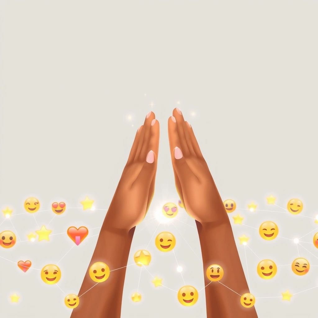 Hands from different cultures connecting through a bridge of emojis