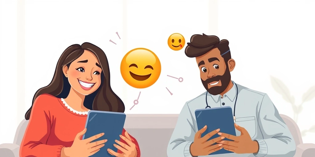 Two people with contrasting expressions due to emoji communication, one confident, one confused.