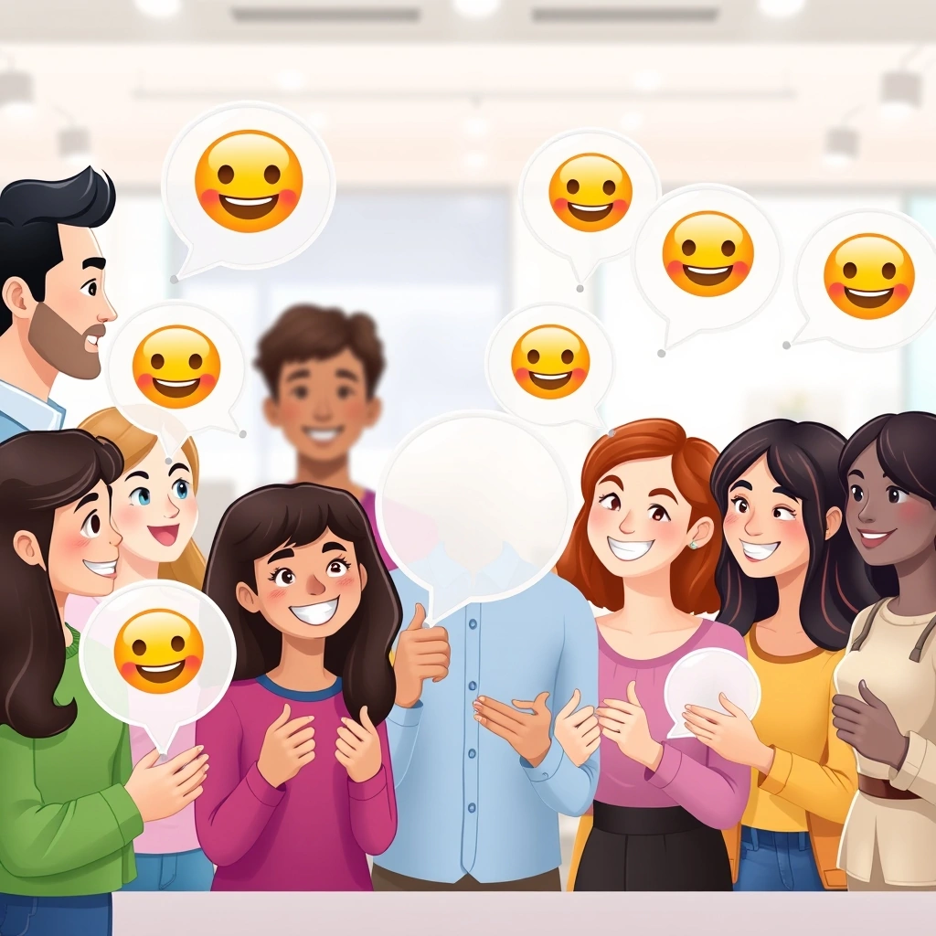 Diverse group of people holding speech bubbles with emojis, illustrating varied cultural and generational interpretations.