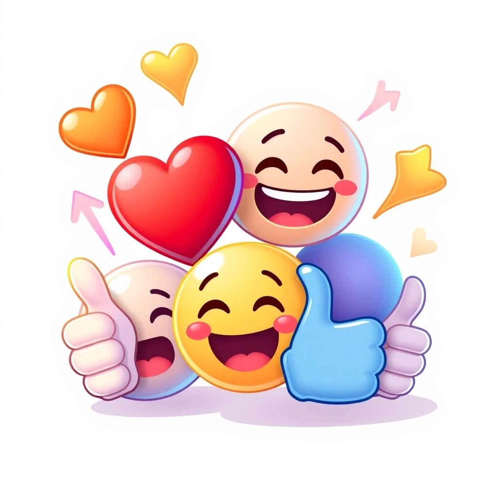 Collection of trending emojis: Red Heart, Upside-Down Face, Pleading Face, Thumbs Up, symbolizing current popularity.