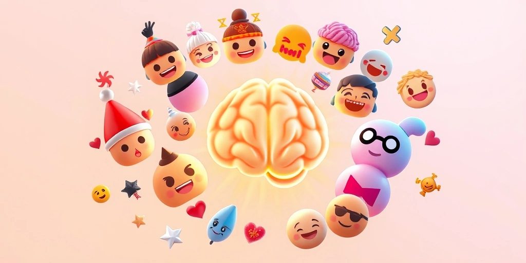 Artificial intelligence brain surrounded by diverse, culturally specific emojis.
