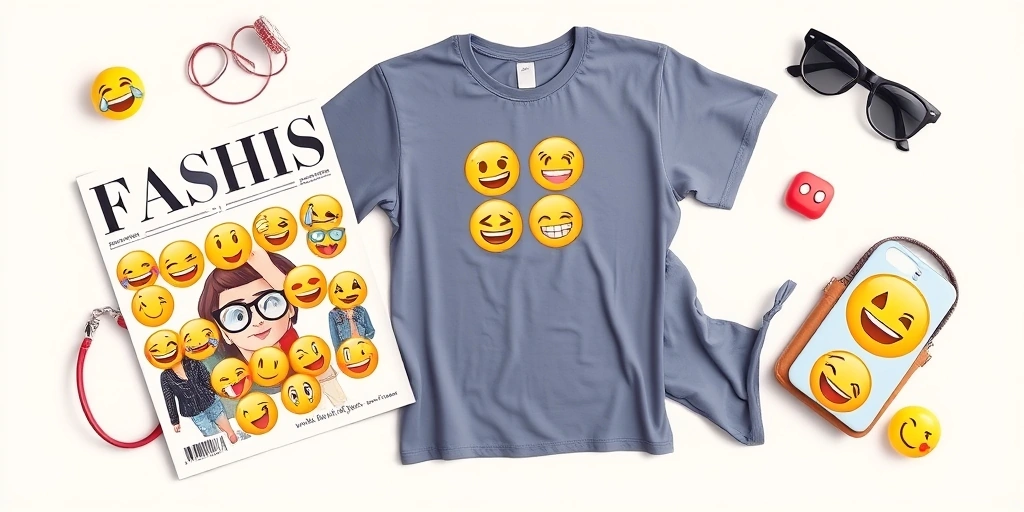 Fashion items like t-shirts, phone cases, and magazines with emoji designs