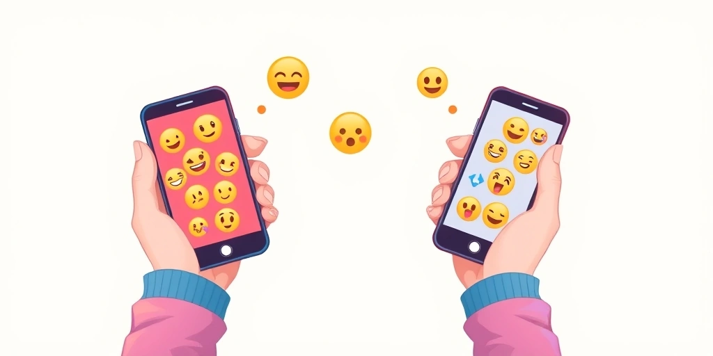 Two hands with smartphones exchanging emojis, illustrating the importance of context in emoji communication