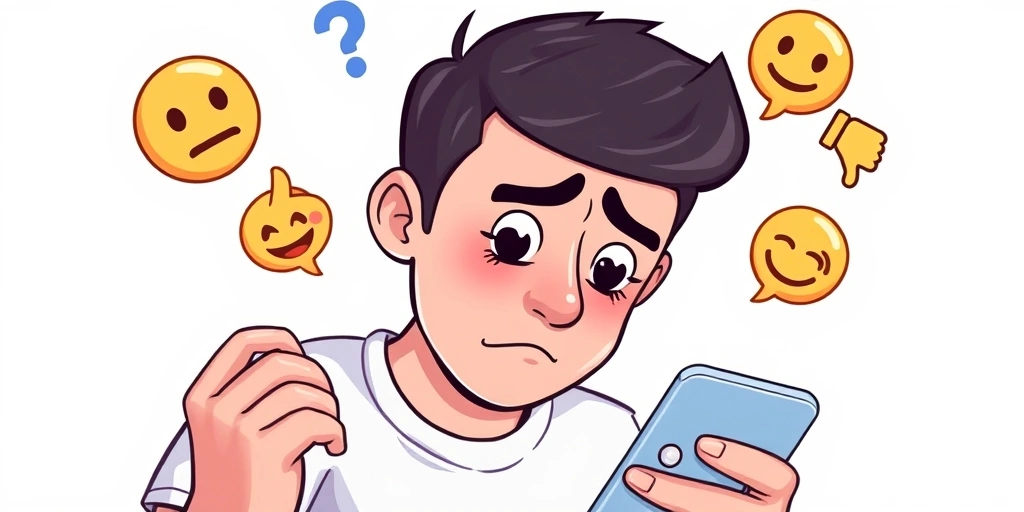 Confused person staring at phone with conflicting emojis, representing emoji misunderstanding