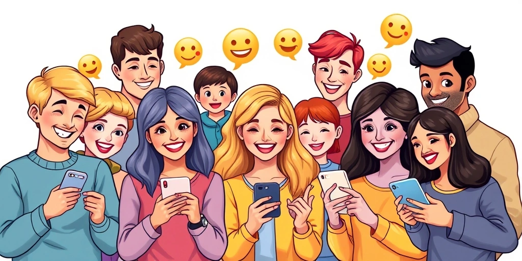 Diverse group happily communicating with well-chosen emojis in chat bubbles, depicting effective digital interaction