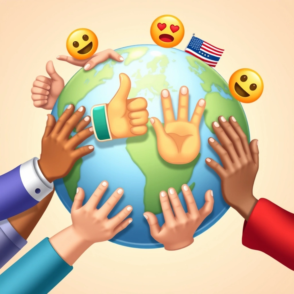Hands from diverse cultures reacting differently to thumbs up and waving hand emojis, illustrating global communication challenges.