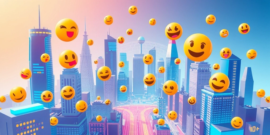 Futuristic cityscape with 3D and animated emojis floating, symbolizing global digital communication