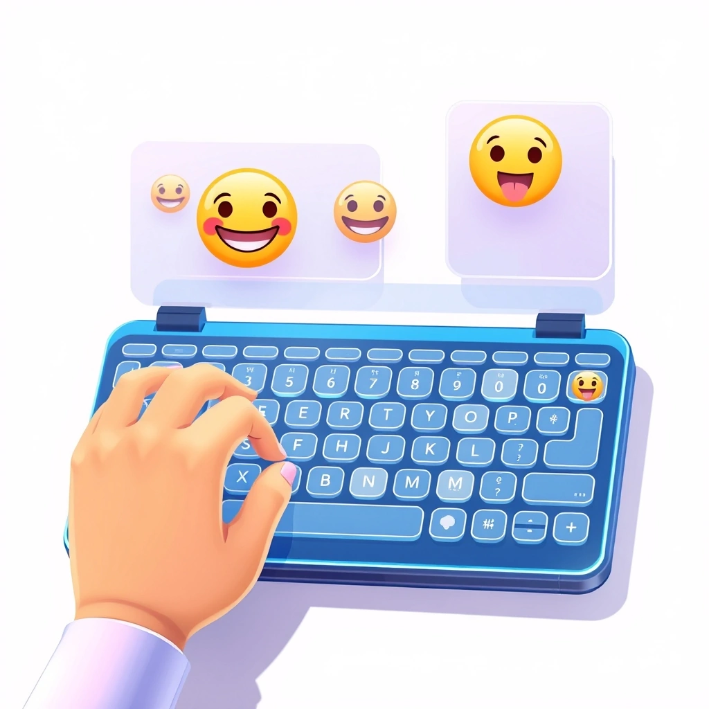 Hand typing on a futuristic keyboard with AI predicting and suggesting relevant emojis