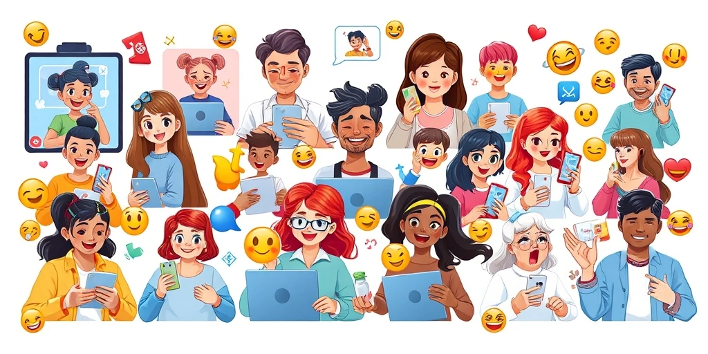 A collage showing diverse individuals engaging in digital communication with various lively emojis and AR effects