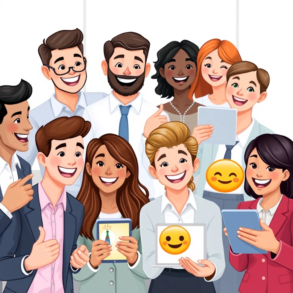 Diverse business team using emojis for positive and clear communication.