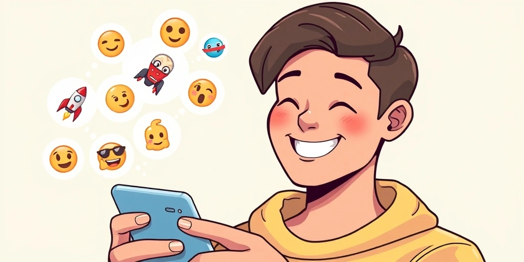 Person smiling at phone, with emojis illustrating daily communication.