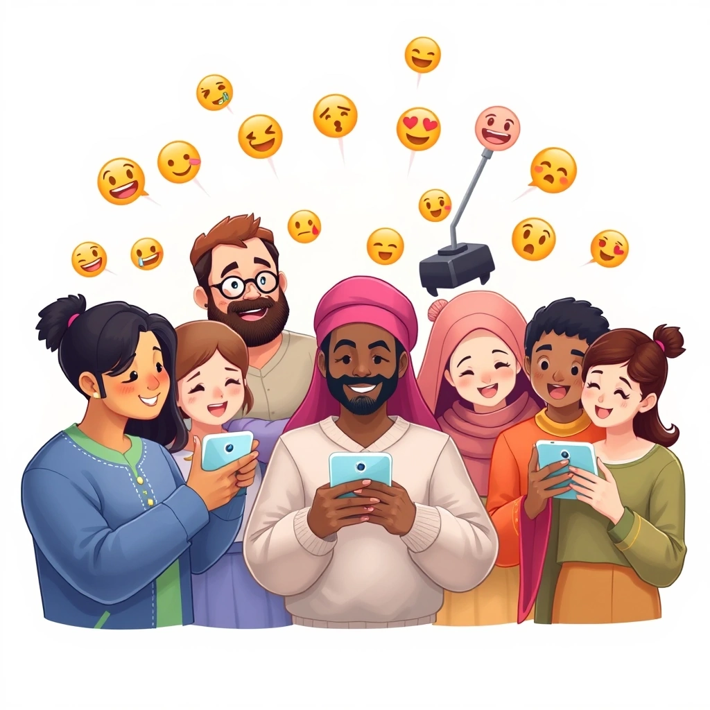 Diverse people reacting to different emoji meanings