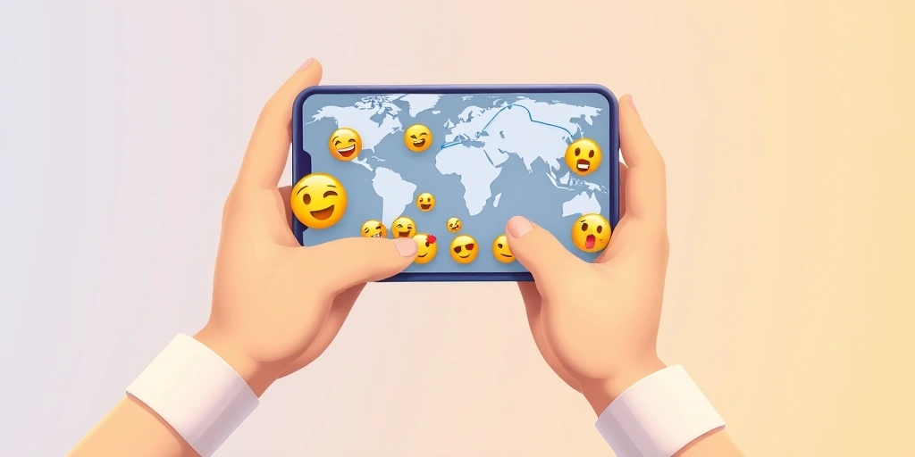 Hands interacting with a phone and a globe, representing global emoji communication and understanding.