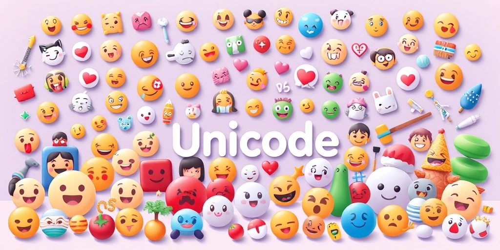 Conceptual illustration of Unicode standardizing global characters and emojis