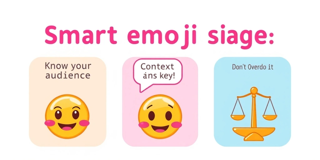 Infographic illustrating tips for effective emoji integration: know your audience, context is key, and don't overdo it.