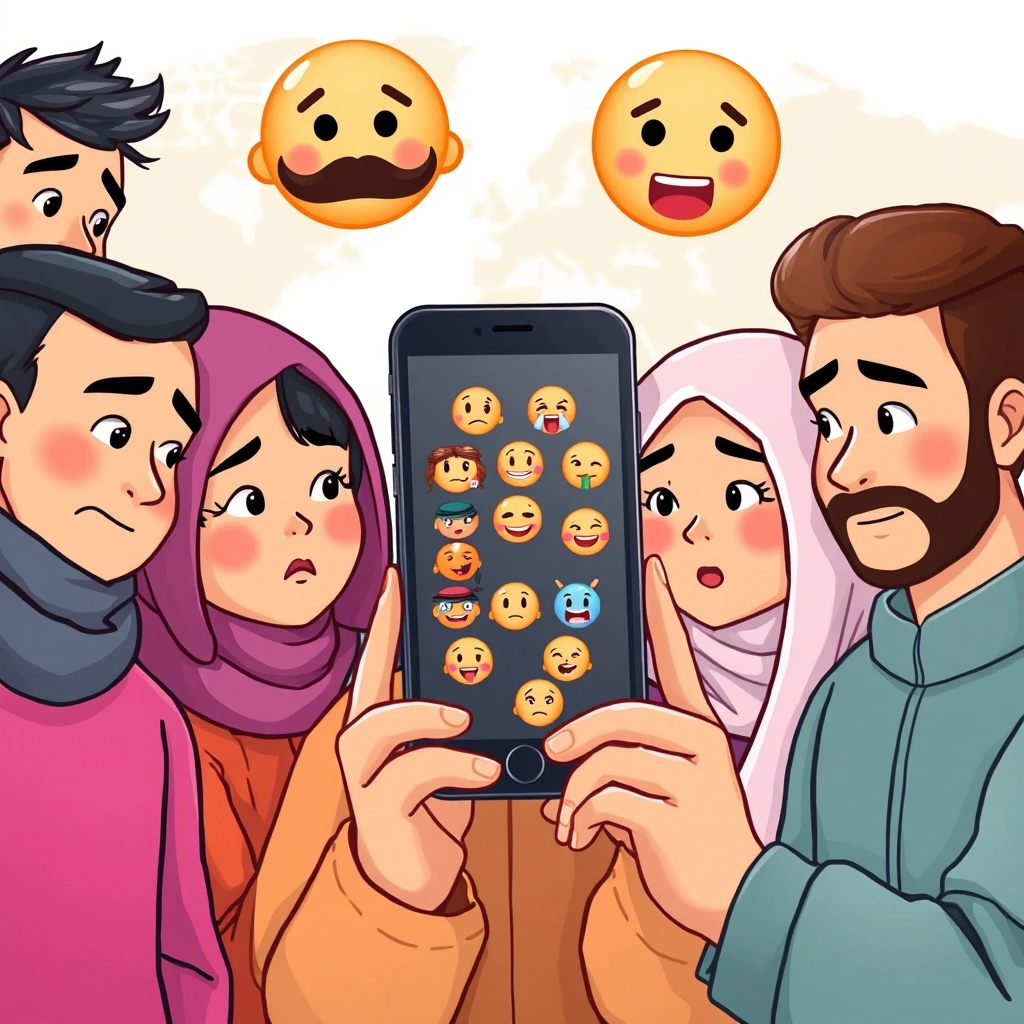 Diverse people react to emojis differently, symbolizing cultural emoji interpretation.