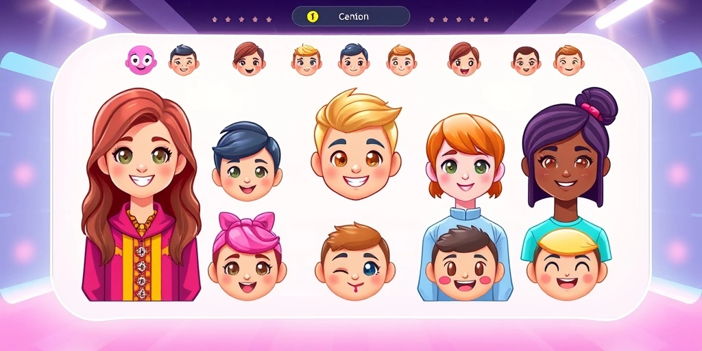 Futuristic interface for creating personalized emojis, with customization options for facial features and clothing.