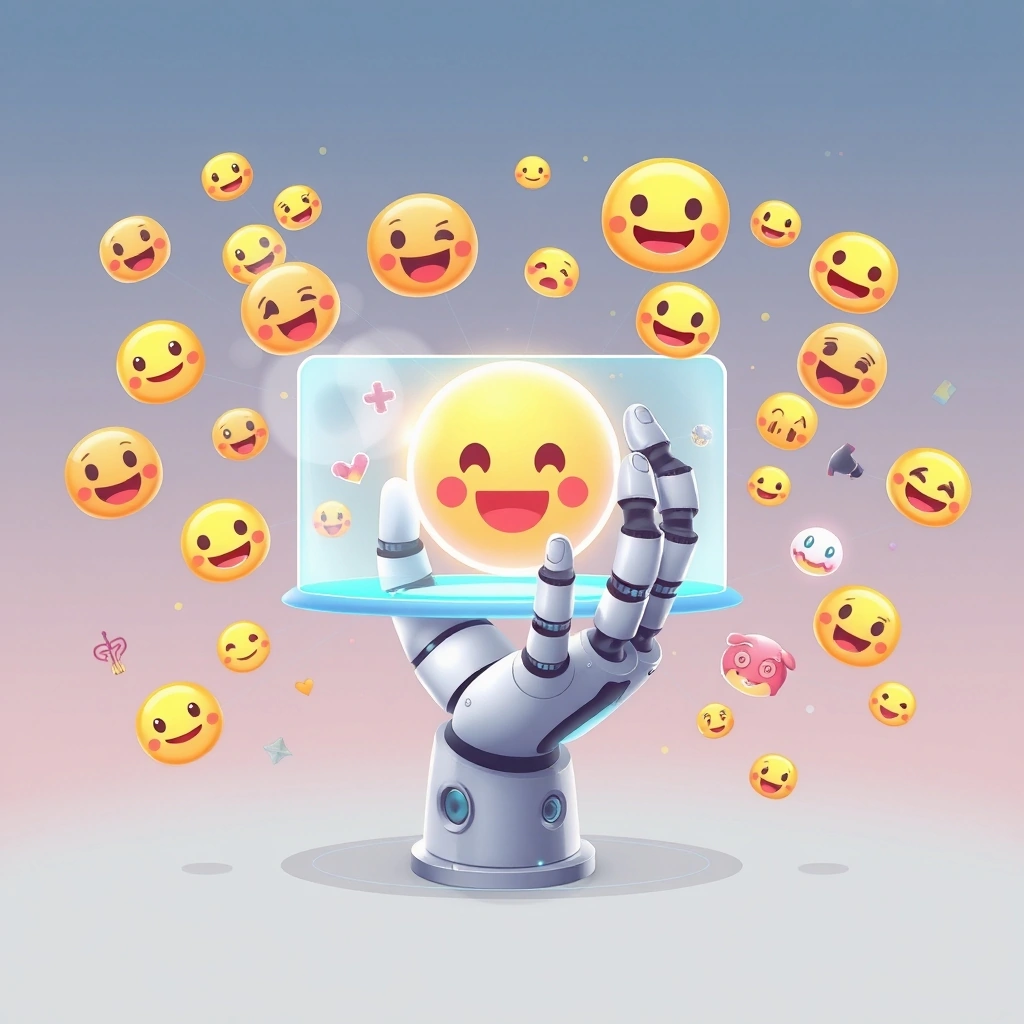 A robot hand generating new emojis on a holographic screen, symbolizing AI's role in future emoji creation.