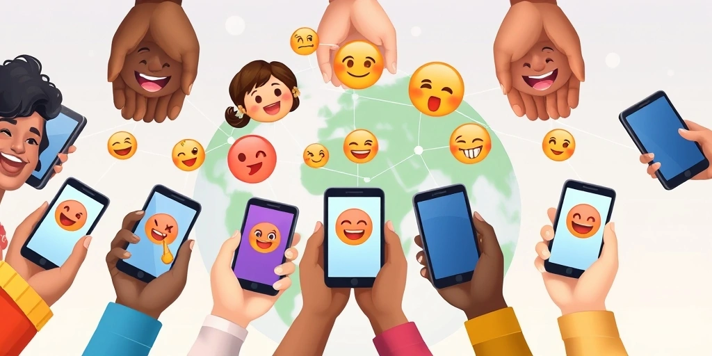 Diverse hands using emojis to communicate globally on smartphones