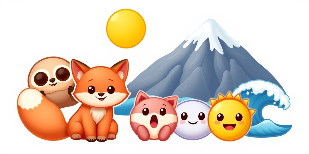 Collection of unique animal and nature emojis like sloth, fox, mountain, and ocean wave