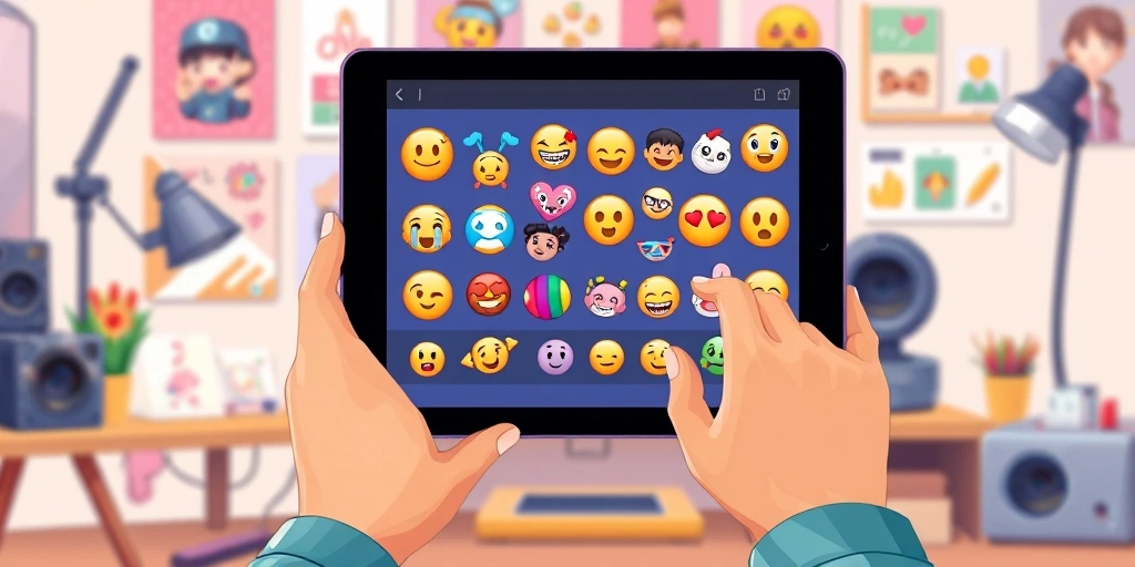 Hands designing emoji art on a tablet, with a colorful emoji creation on the screen.