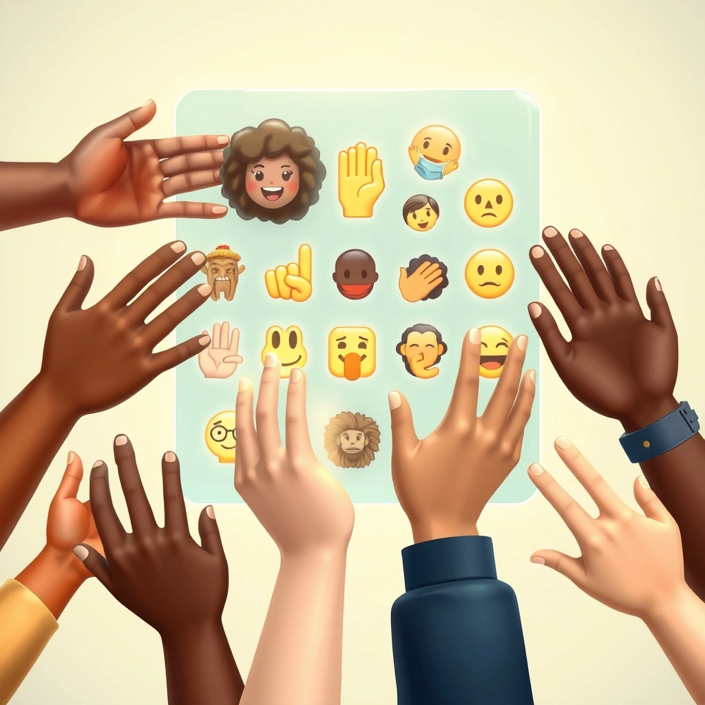 Diverse hands interacting with a holographic display of new cultural and futuristic emojis.