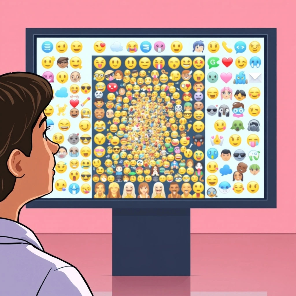 A person admiring a large digital artwork made entirely of emojis on a screen in a modern gallery.