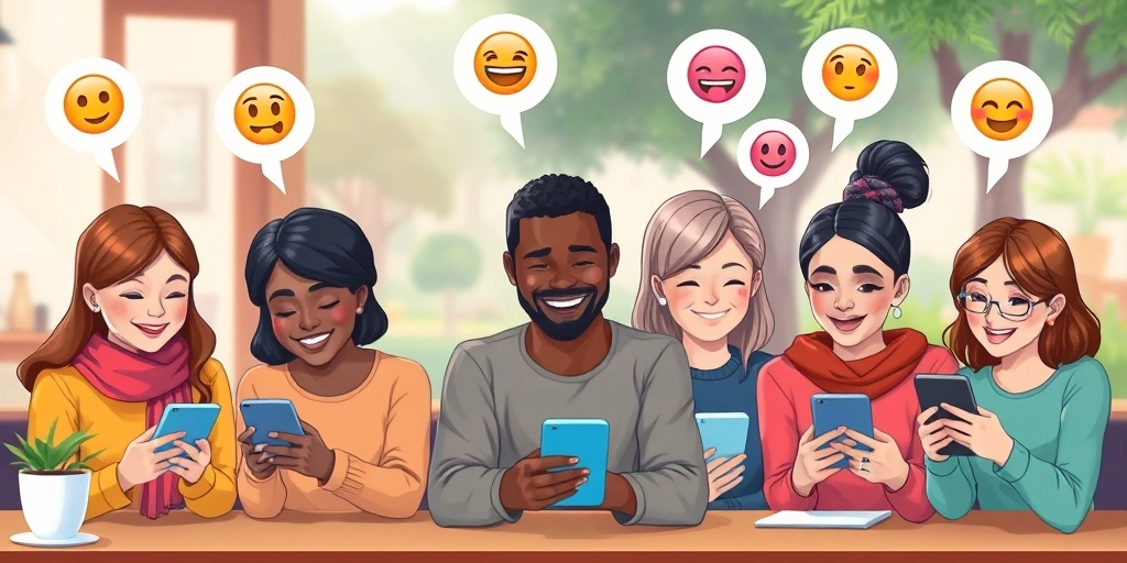 Diverse group of people from around the world communicating happily with various emojis on their phones, symbolizing global connection.
