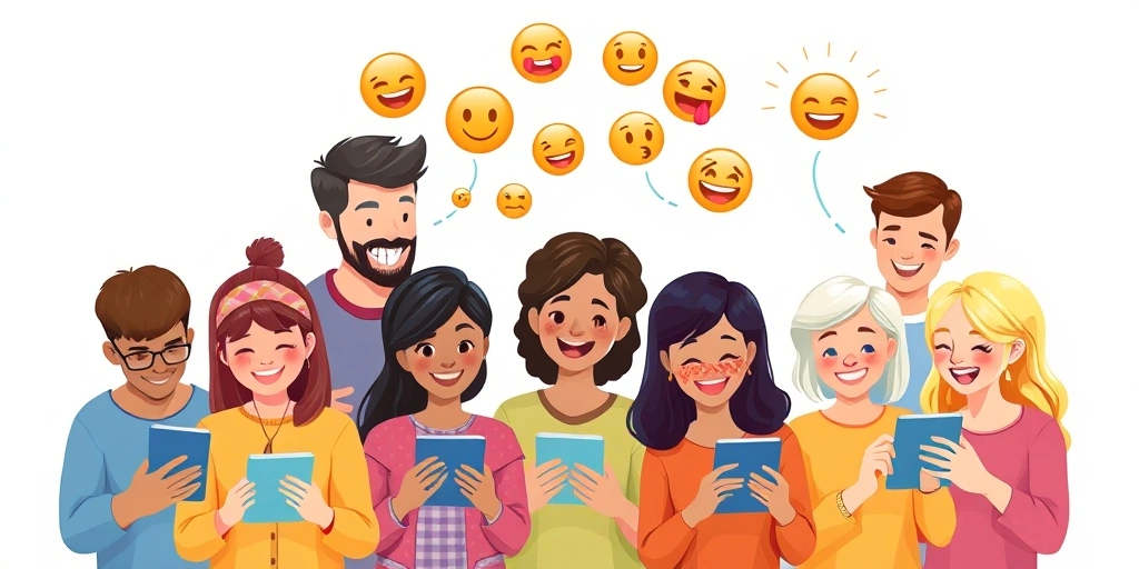 Diverse group happily communicating with well-used emojis