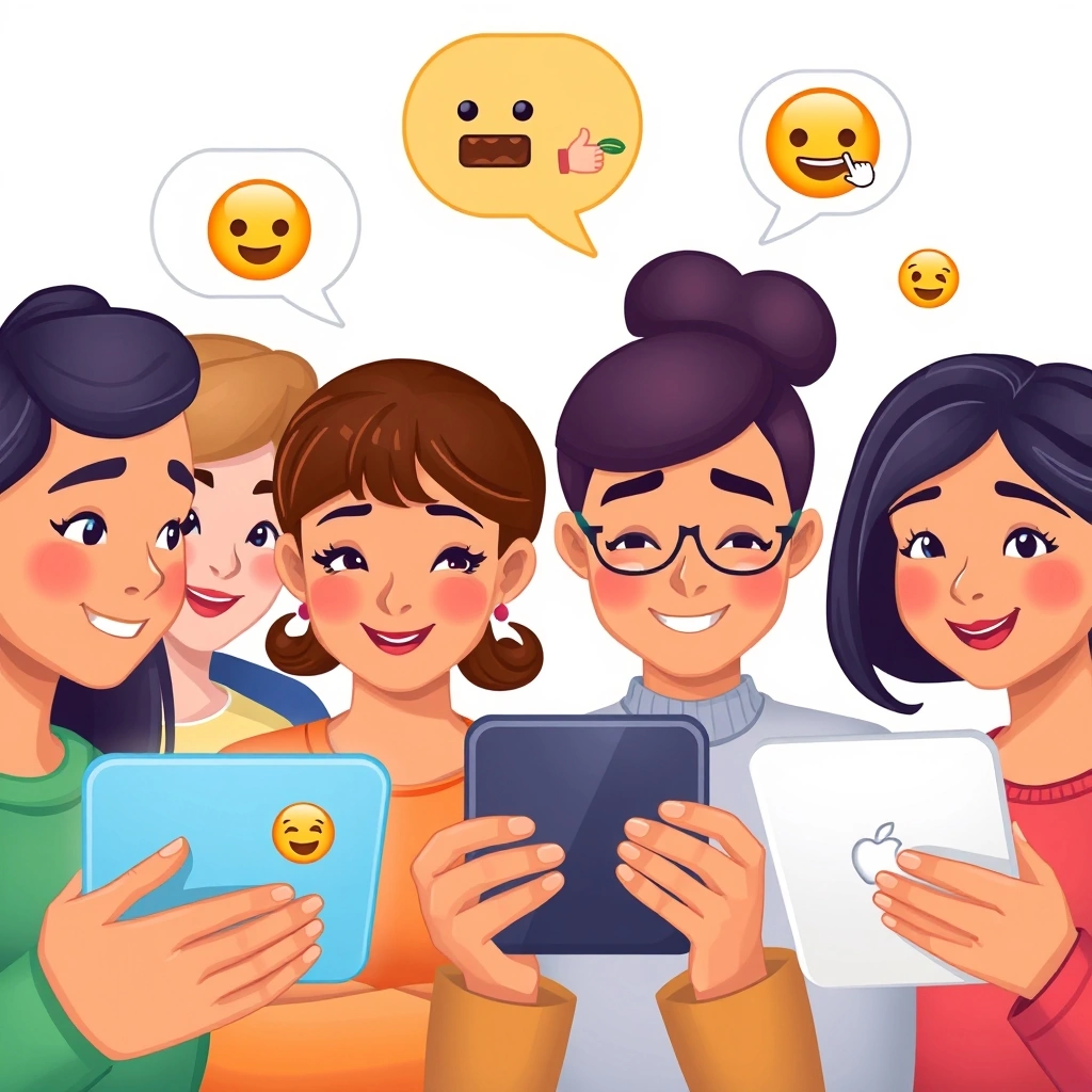 Diverse group of people exchanging emojis on their devices, illustrating the global yet sometimes complex nature of emoji communication.