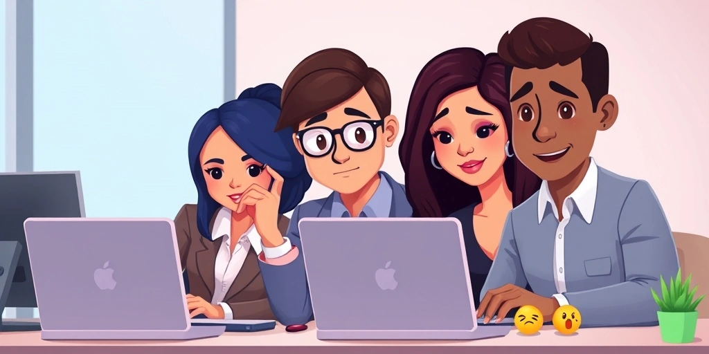 Professionals with varied reactions to emojis on screens in an office