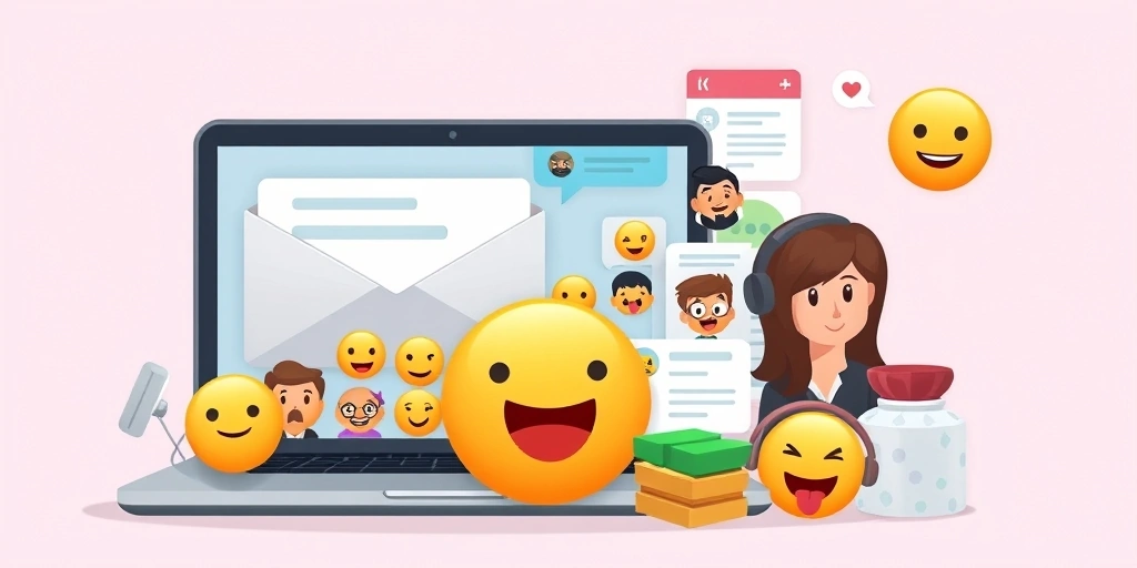 Illustrations of emojis used across different business communication channels: email, chat, and customer service.