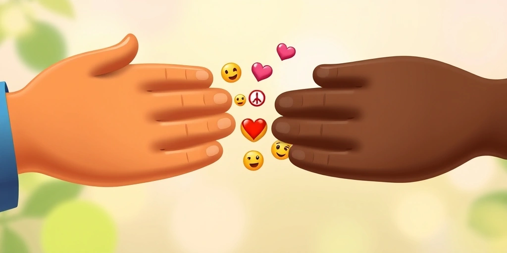 Hands bridging cultural gaps with universally understood emojis