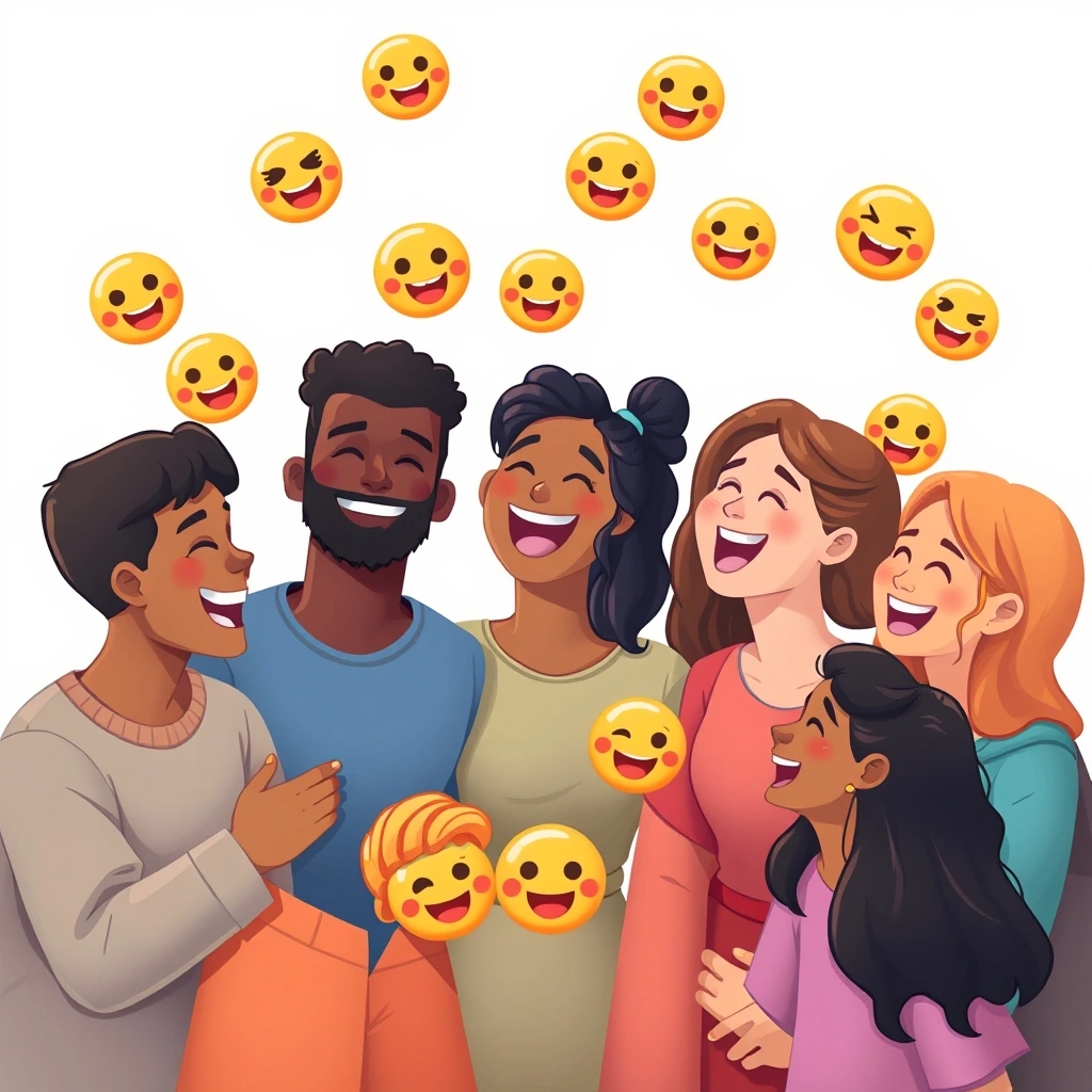 Diverse group communicating with emojis, representing universal digital language.