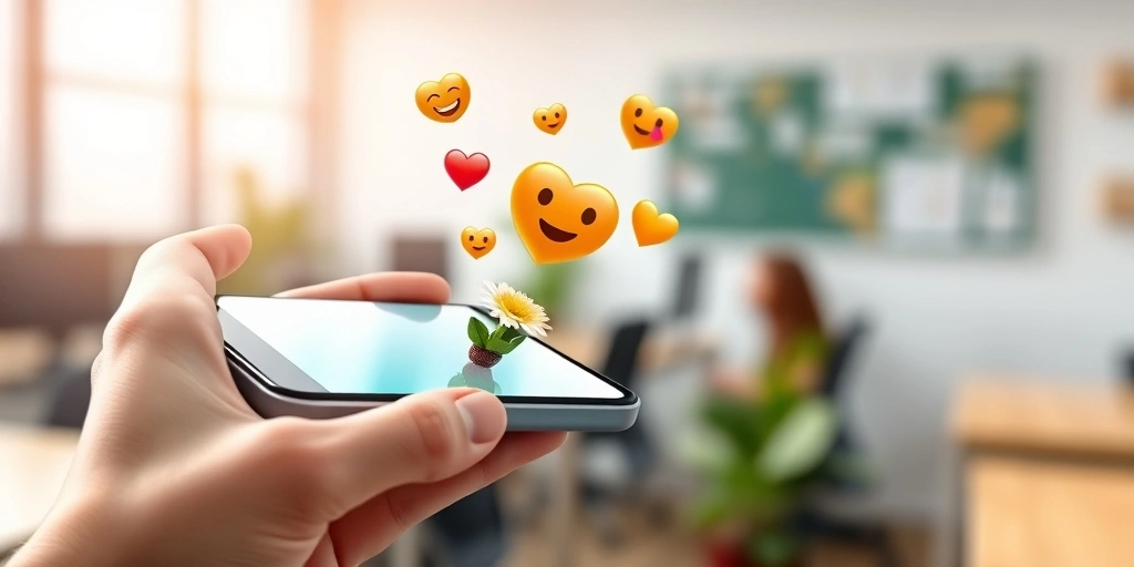 3D emojis in an augmented reality interface, integrated into a professional or educational setting.