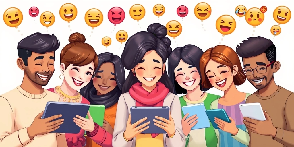 Diverse group of people connected by floating emojis, symbolizing universal communication.