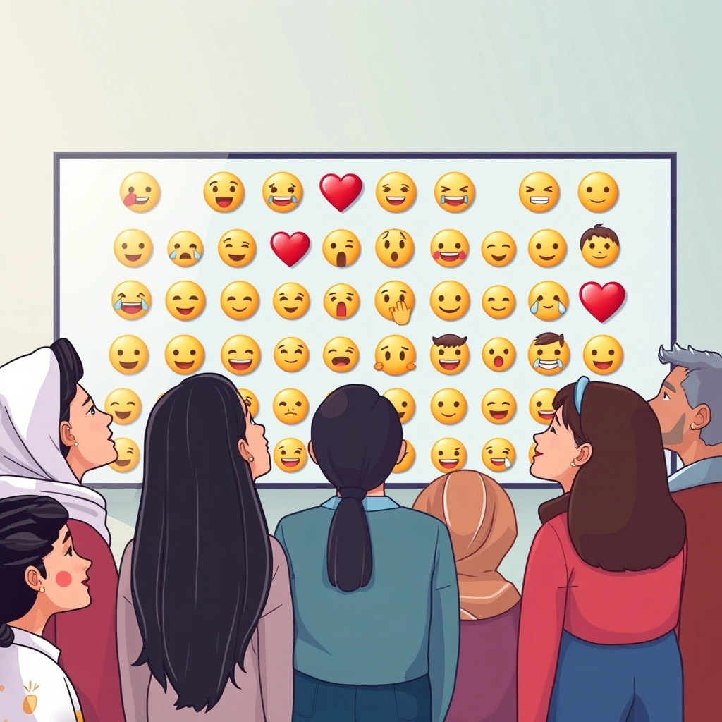 Diverse individuals reacting to emojis on a screen, illustrating cultural and universal understanding.