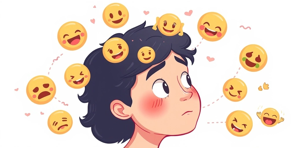 Person surrounded by various emojis reflecting different mental states