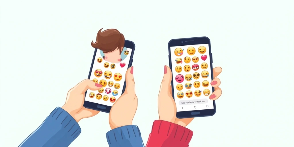 People communicating with emojis on smartphones.