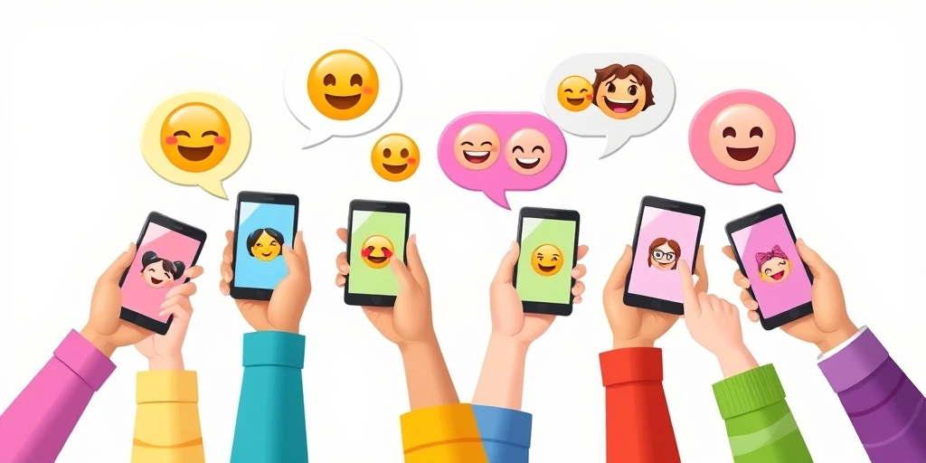 Diverse hands using smartphones, connected by emoji speech bubbles.