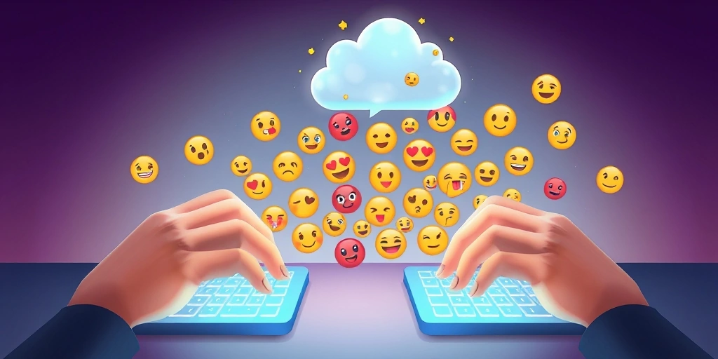 Hands typing on keyboards, with emojis flowing into a digital cloud.
