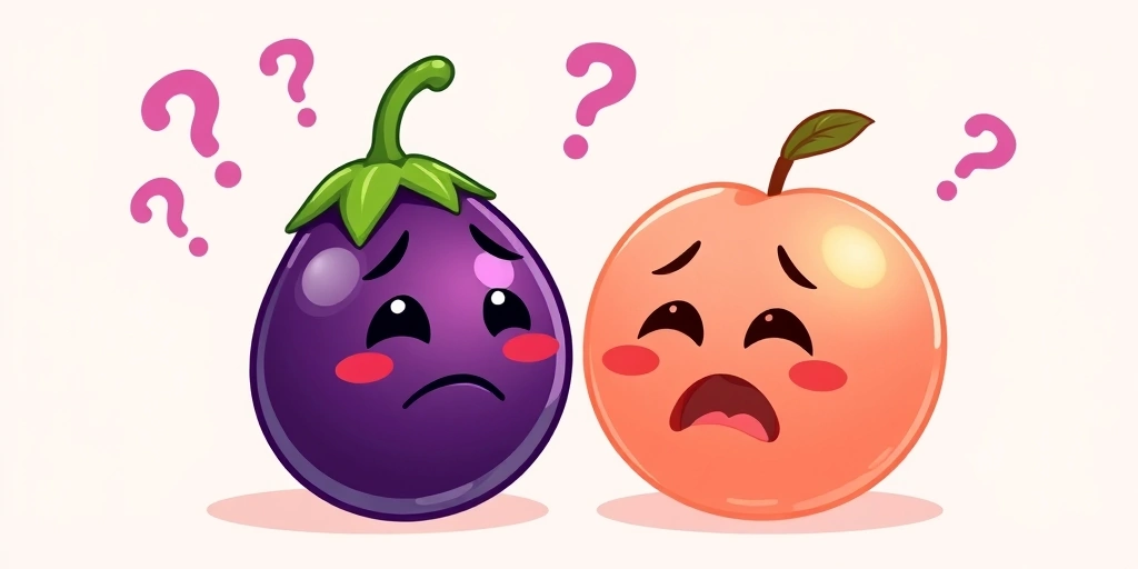 Eggplant and peach emojis with confused expressions, representing dual meanings