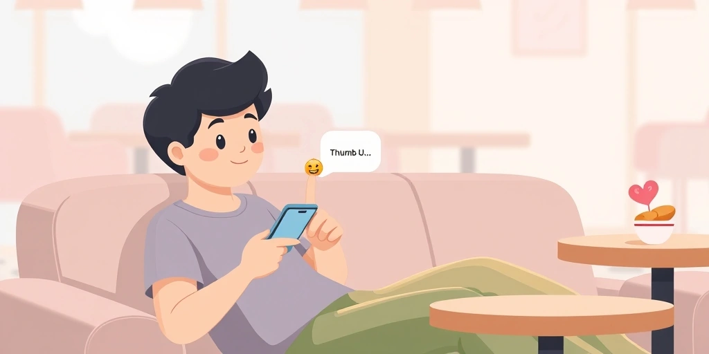 Person tapping a thumbs-up emoji on their phone to acknowledge a casual message.