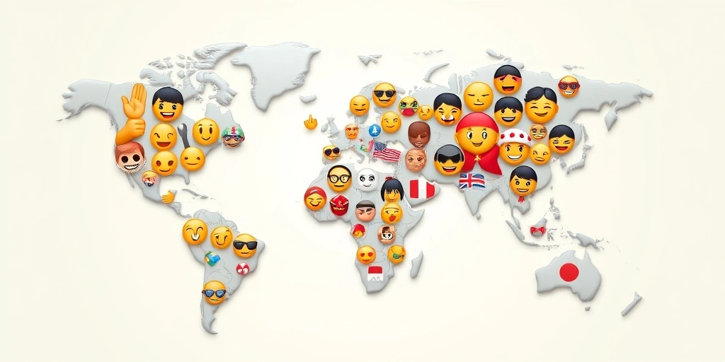 Emojis arranged on a world map, representing the diverse cultural meanings and interpretations of emojis across different regions.