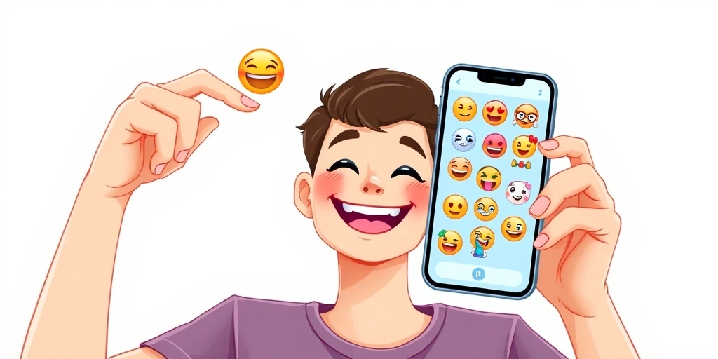 Smiling person holding a phone showing a chat full of playful emojis.