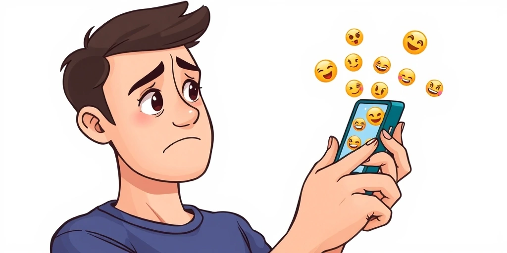 Confused person looking at phone, trying to interpret an emoji's meaning.