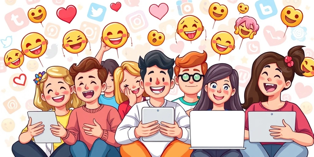 People reacting to a viral trend on their devices, with emojis like laughing, shocked, and heart eyes appearing.