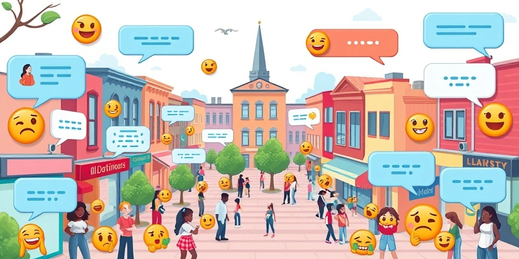 Public online conversations visualized with speech bubbles and tone-setting emojis.