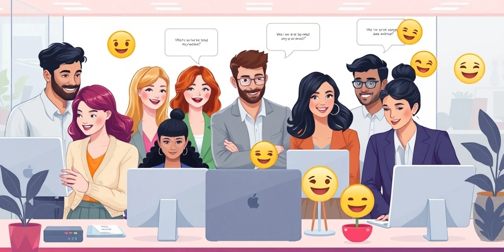Team members collaborating effectively, using emojis for clear and considerate communication during a busy work period.