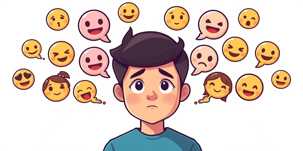 Emojis like thinking, confused, and overwhelmed faces floating around a person's head, illustrating the internal processing of complex, unarticulated emotions.